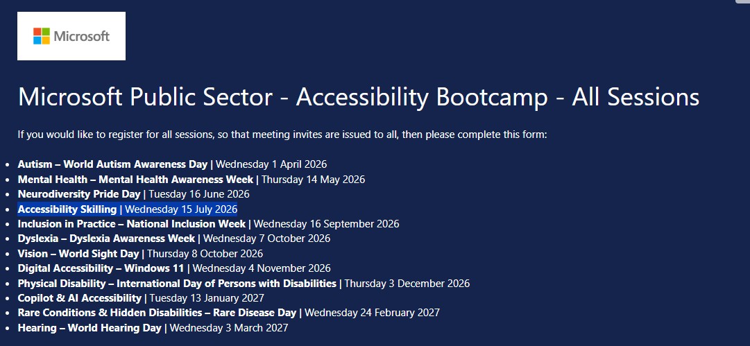 Microsoft Public Sector Accessibility Bootcamp schedule